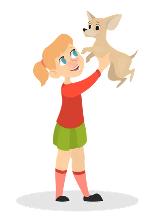 Girl playing with dog Illustration