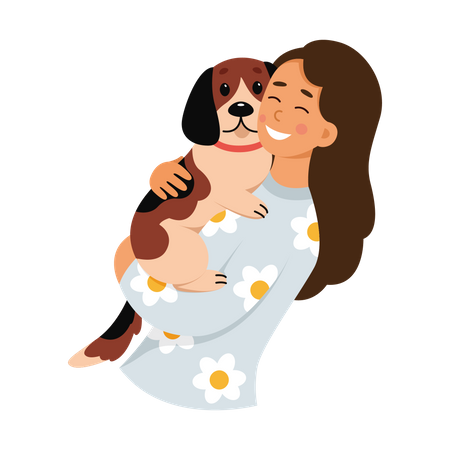 Girl Playing With Dog  Illustration