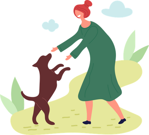 Girl Playing With Dog  Illustration