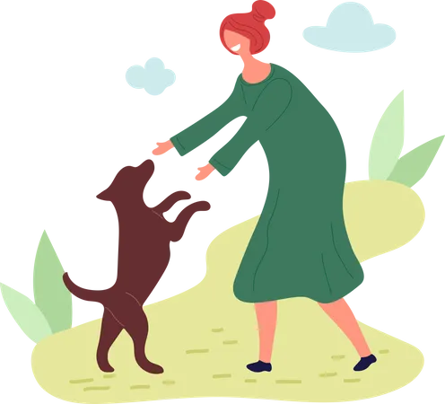 Girl Playing With Dog  Illustration