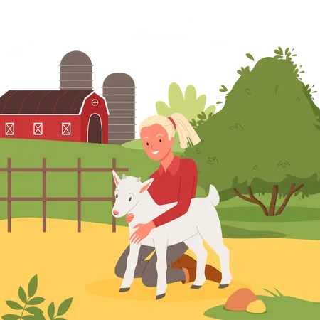 Girl playing with goat  Illustration