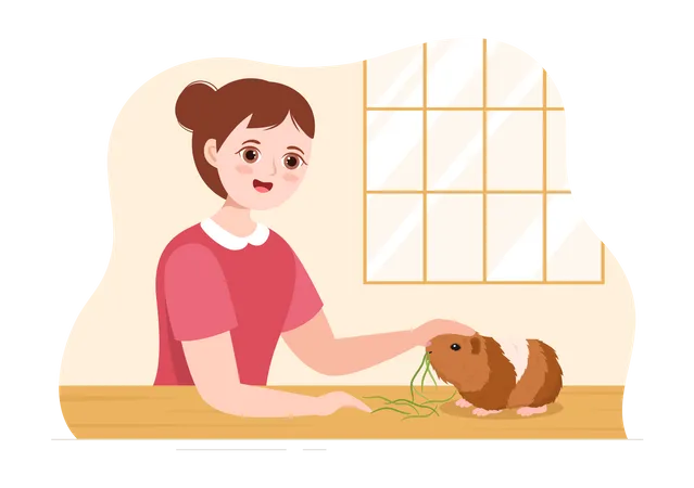 Girl playing with guinea pig  Illustration