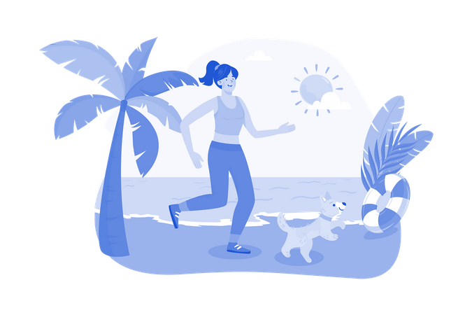 Girl playing with her dog on sea shore  Illustration