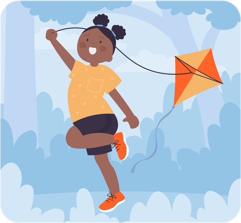 Girl playing with kite  Illustration