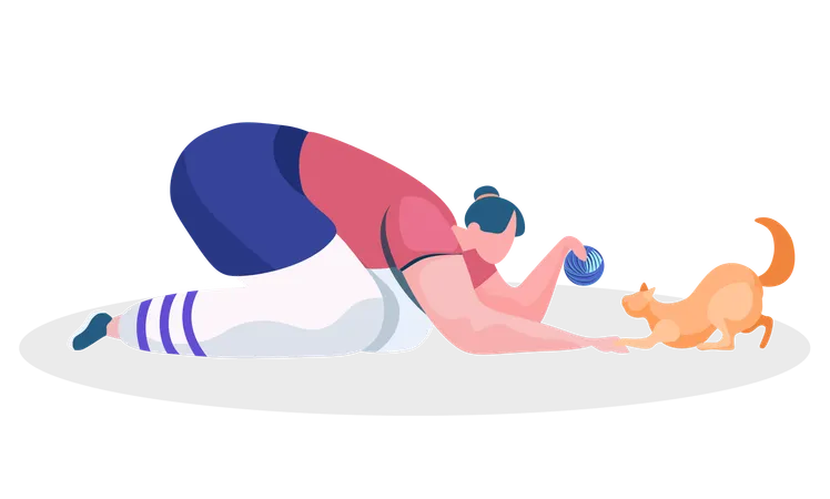 Girl Playing with Kitten  Illustration