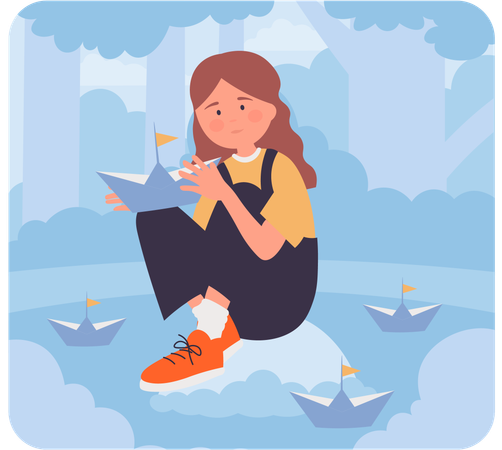 Girl playing with paper boat  イラスト