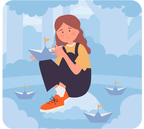 Girl playing with paper boat  イラスト