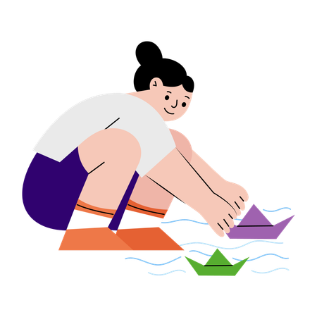Girl playing with paper boats  Illustration