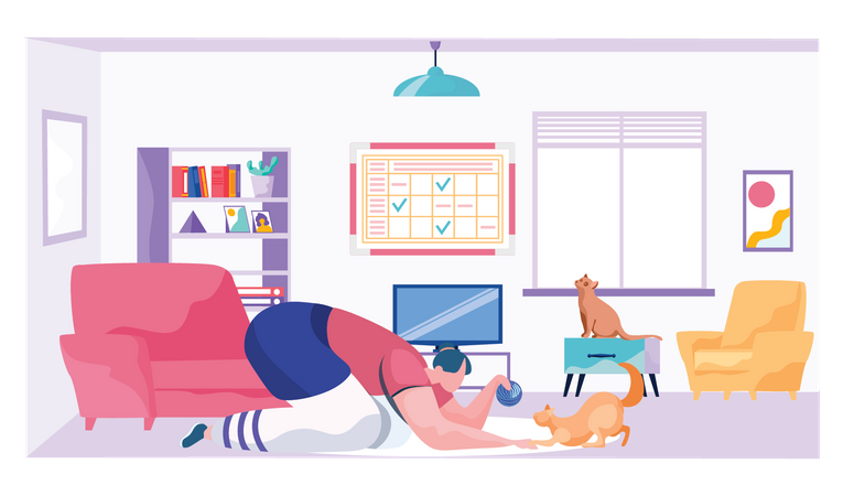 Girl playing with pet at home during quarantine Illustration