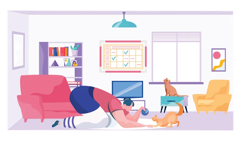 Girl playing with pet at home during quarantine  Illustration