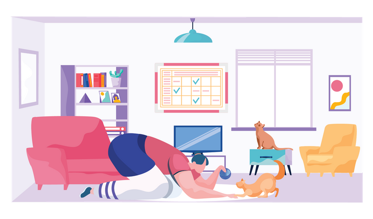 Girl playing with pet at home during quarantine  Illustration