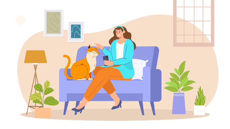 Girl playing with pet cat  Illustration