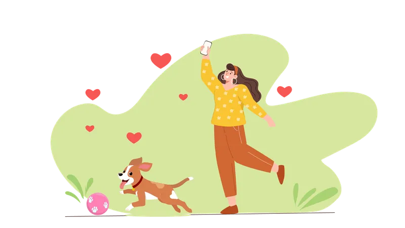 ペットの犬と遊ぶ女の子  イラスト