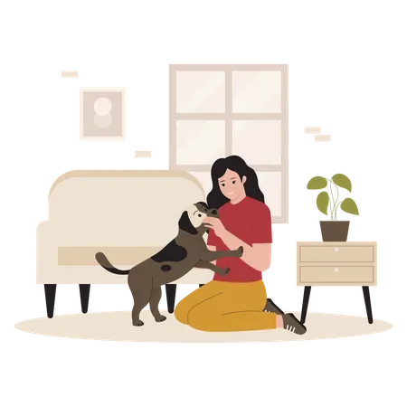 Girl playing with pet dog  Illustration