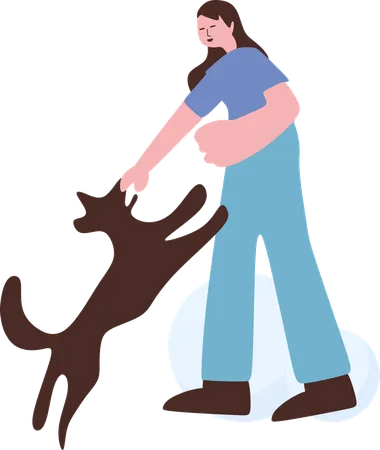 Girl playing with pet dog on frozen ground  Illustration