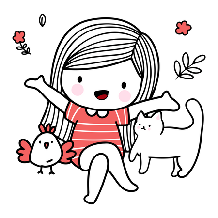 Girl Playing With Pets  Illustration