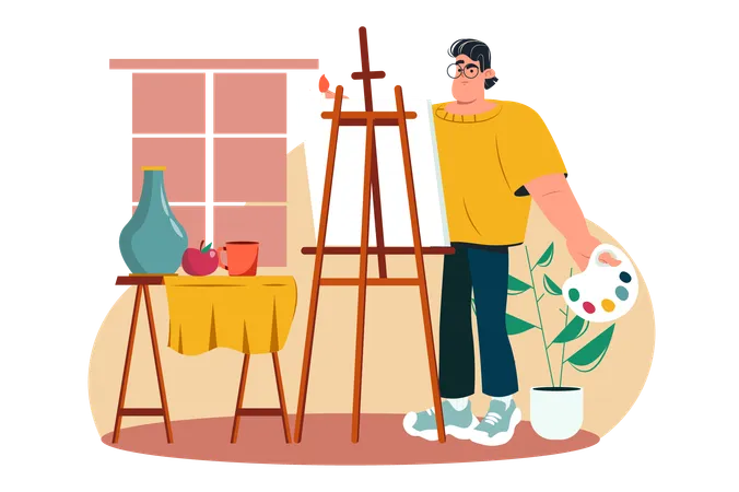 Favorite Hobby Yellow Concept With People Scene In The Flat Cartoon Style A Illustration