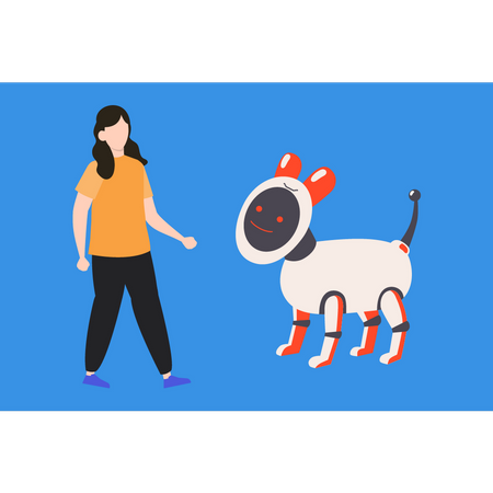 Girl plays with a robotic dog  Illustration