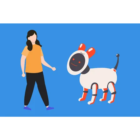 Girl plays with a robotic dog Illustration