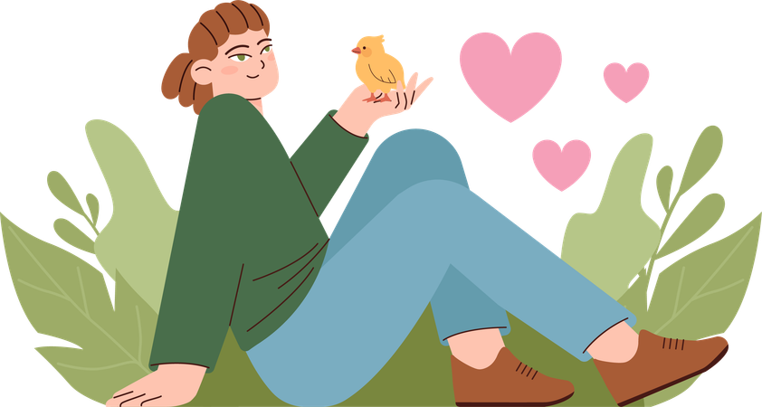 Girl plays with her pet sparrow in garden  Illustration