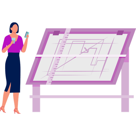 Girl pointing at architect plan  Illustration