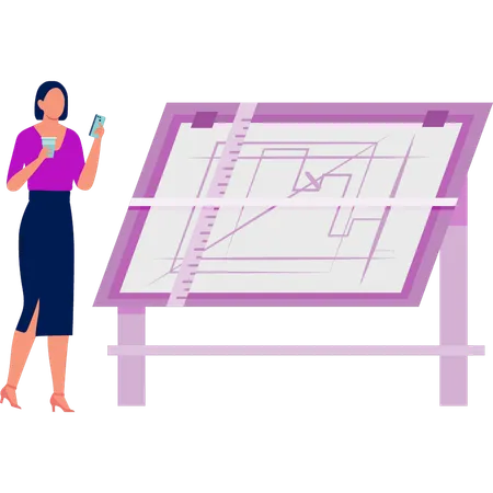 Girl pointing at architect plan  Illustration