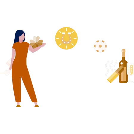 Girl pointing at bottle of wine in casino  Illustration