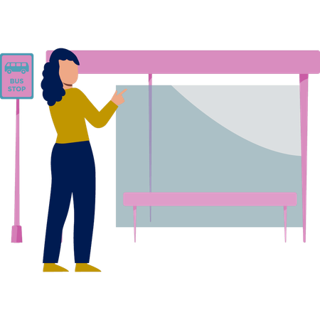 Girl pointing at bus stop  Illustration