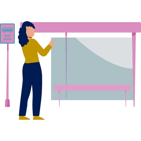 Girl pointing at bus stop  Illustration