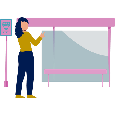 Girl pointing at bus stop  Illustration