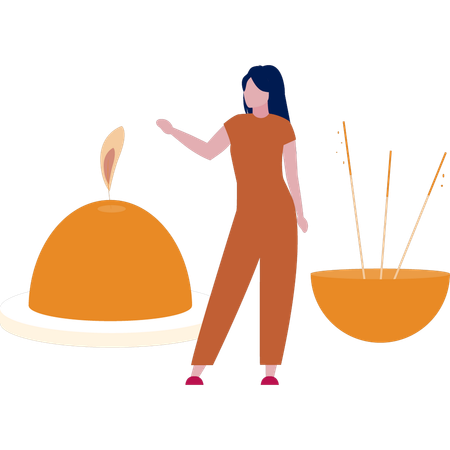 Girl pointing at candle and incense stick  Illustration