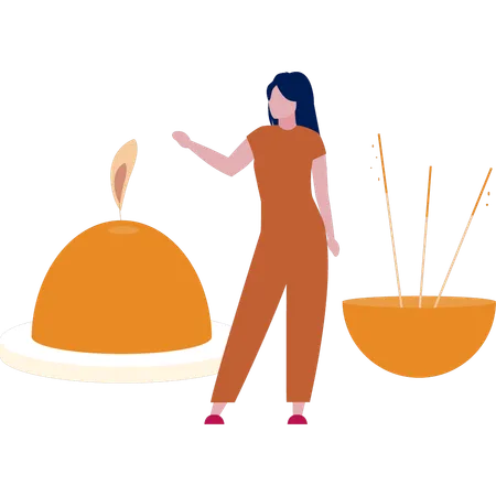 Girl pointing at candle and incense stick  Illustration