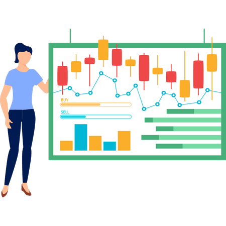 Girl  pointing at candlestick graph pattern  Illustration