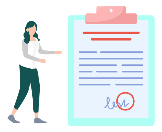 Girl Pointing At Clipboard On Contract Paper  Illustration