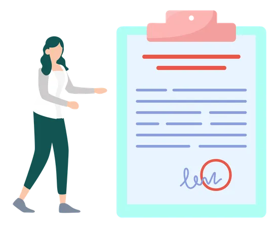 Girl Pointing At Clipboard On Contract Paper  Illustration