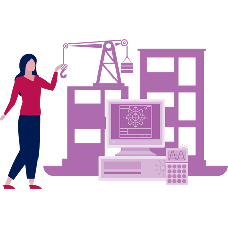 Girl pointing at conveyor and construction tools  Illustration