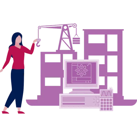 Girl pointing at conveyor and construction tools  Illustration