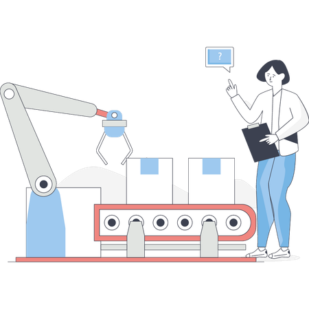 Girl pointing at conveyor machine technology  Illustration