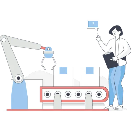 Girl pointing at conveyor machine technology  Illustration