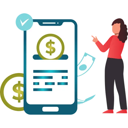 Girl Is Pointing At Dollar On Mobile Illustration