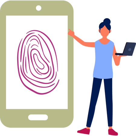 Girl pointing at finger print on mobile  Illustration