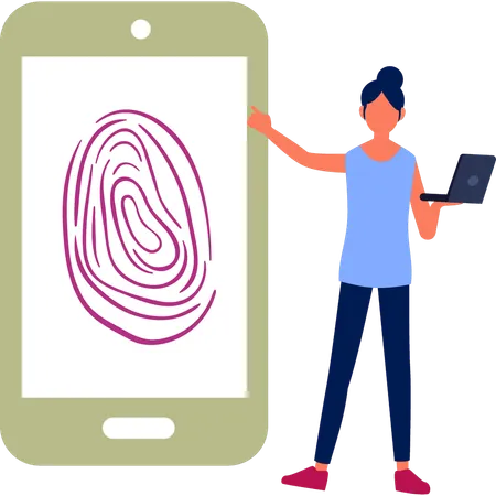 Girl pointing at finger print on mobile  Illustration