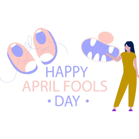 Girl pointing at Fools day prompts  Illustration