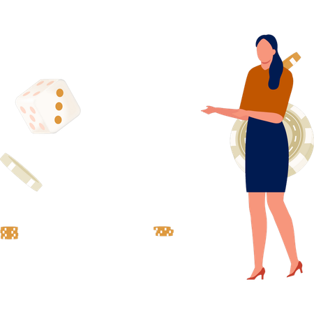 Girl pointing at gambling chips and dice  Illustration