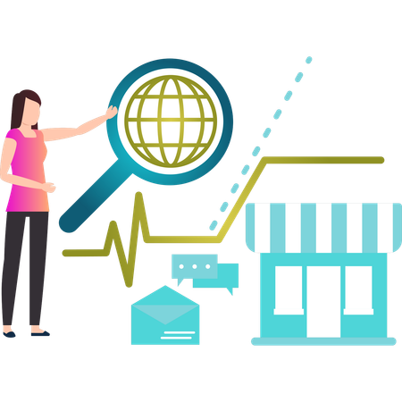 Girl pointing at global search  Illustration