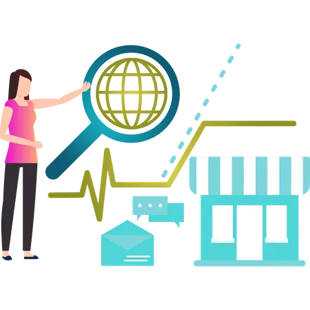 Girl pointing at global search  Illustration