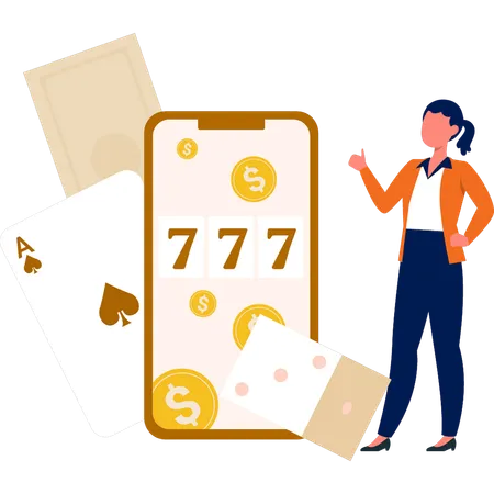 Girl pointing at jackpot numbers on mobile  Illustration