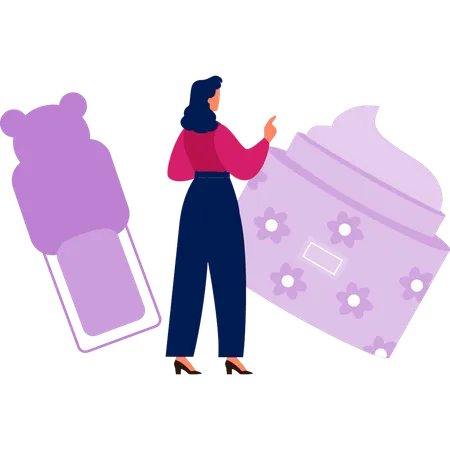 Girl pointing at makeup product  Illustration