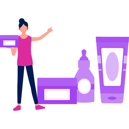 Girl pointing at makeup products  Illustration