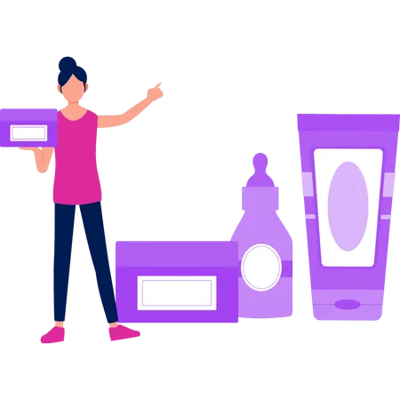 Girl pointing at makeup products  Illustration